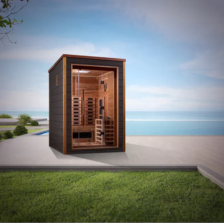 GOLDEN DESIGNS NORA 2 PERSON OUTDOOR-INDOOR PURETECH HYBRID FULL SPECTRUM SAUNA - CANADIAN RED CEDAR INTERIOR GDI-8222-01