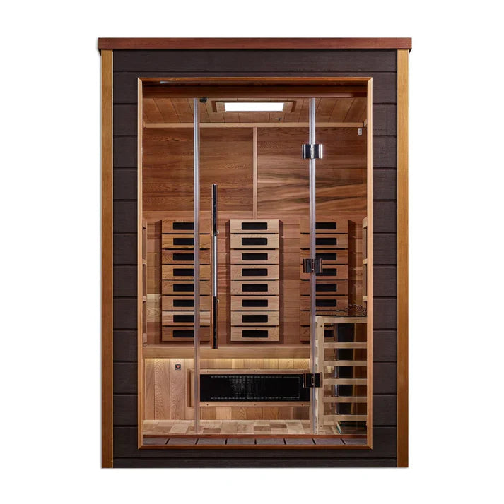 GOLDEN DESIGNS NORA 2 PERSON OUTDOOR-INDOOR PURETECH HYBRID FULL SPECTRUM SAUNA - CANADIAN RED CEDAR INTERIOR GDI-8222-01