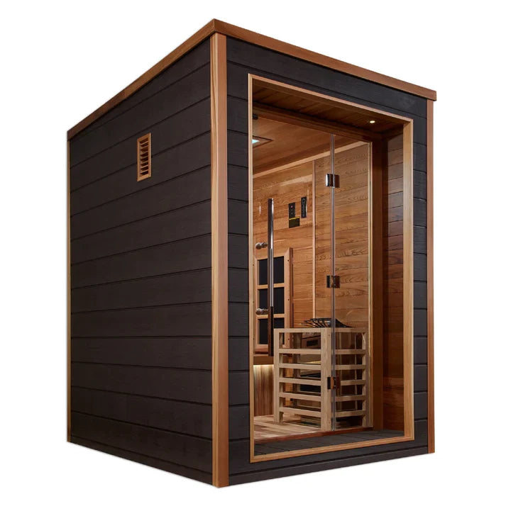GOLDEN DESIGNS NORA 2 PERSON OUTDOOR-INDOOR PURETECH HYBRID FULL SPECTRUM SAUNA - CANADIAN RED CEDAR INTERIOR GDI-8222-01