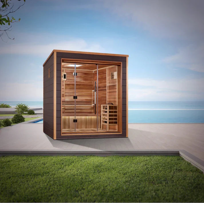 GOLDEN DESIGNS SAVONLINNA 3 PERSON OUTDOOR-INDOOR TRADITIONAL STEAM SAUNA - CANADIAN RED CEDAR INTERIOR GDI-8503-01