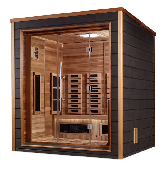 GOLDEN DESIGNS VISBY 3 PERSON OUTDOOR-INDOOR PURETECH HYBRID FULL SPECTRUM SAUNA - CANADIAN RED CEDAR INTERIOR GDI-8223-01