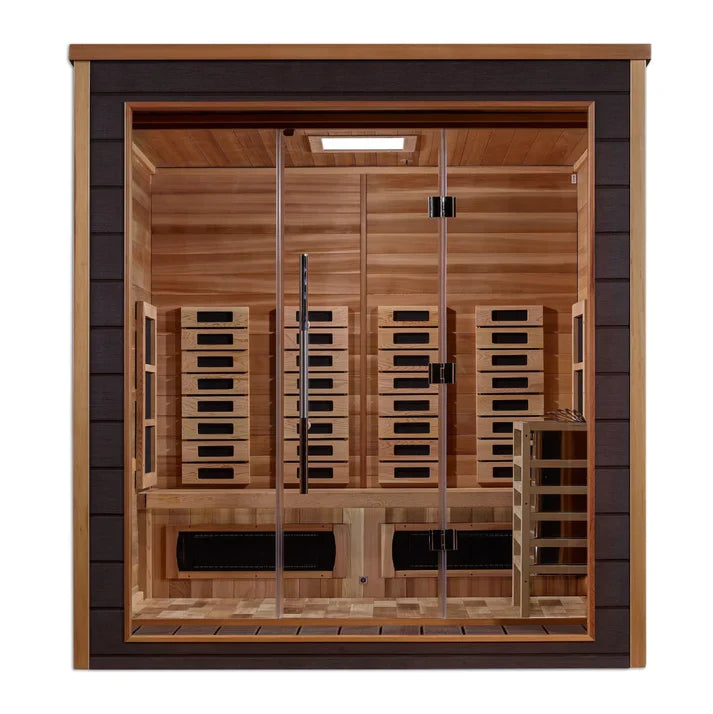 GOLDEN DESIGNS VISBY 3 PERSON OUTDOOR-INDOOR PURETECH HYBRID FULL SPECTRUM SAUNA - CANADIAN RED CEDAR INTERIOR GDI-8223-01