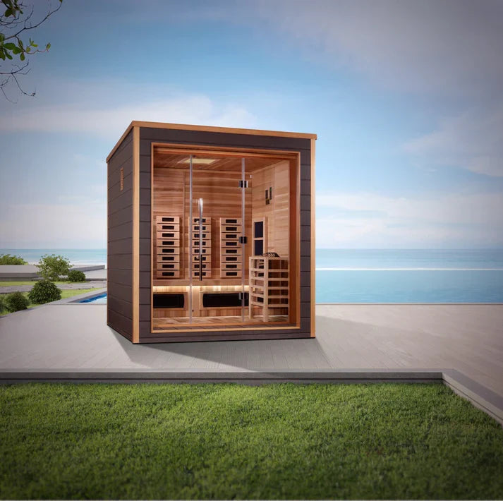 GOLDEN DESIGNS VISBY 3 PERSON OUTDOOR-INDOOR PURETECH HYBRID FULL SPECTRUM SAUNA - CANADIAN RED CEDAR INTERIOR GDI-8223-01