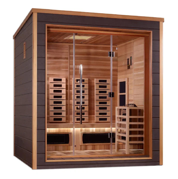 GOLDEN DESIGNS VISBY 3 PERSON OUTDOOR-INDOOR PURETECH HYBRID FULL SPECTRUM SAUNA - CANADIAN RED CEDAR INTERIOR GDI-8223-01