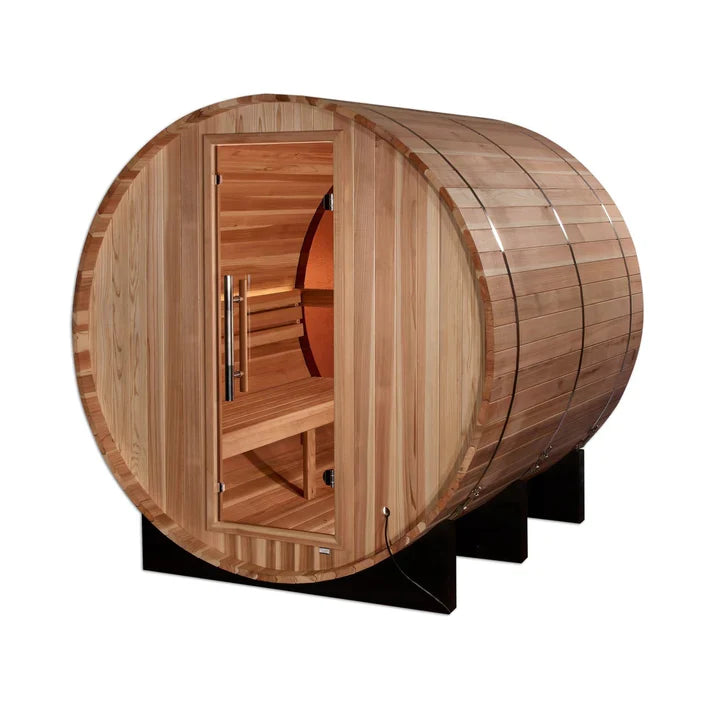 GOLDEN DESIGNS "ZURICH" 4 PERSON BARREL WITH BRONZE PRIVACY VIEW - TRADITIONAL STEAM SAUNA - PACIFIC CEDAR GDI-B024-01 Acrylic Back Wall