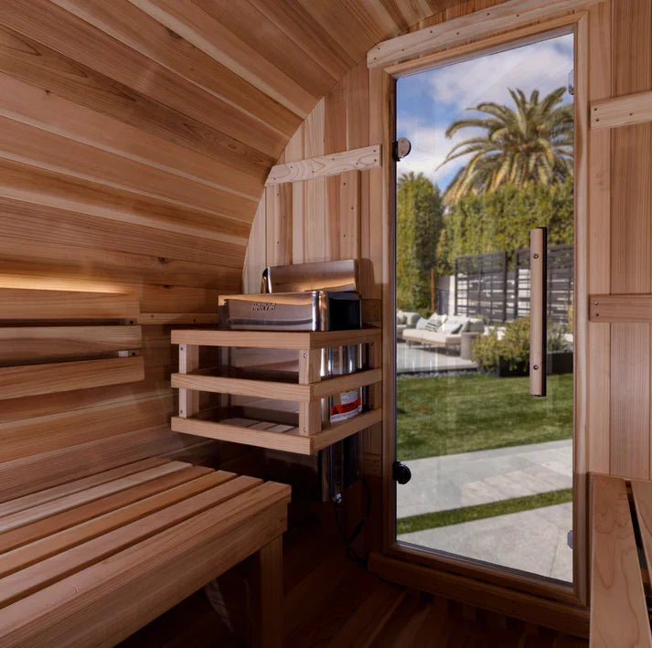 GOLDEN DESIGNS "ZURICH" 4 PERSON BARREL WITH BRONZE PRIVACY VIEW - TRADITIONAL STEAM SAUNA - PACIFIC CEDAR GDI-B024-01 Acrylic Back Wall
