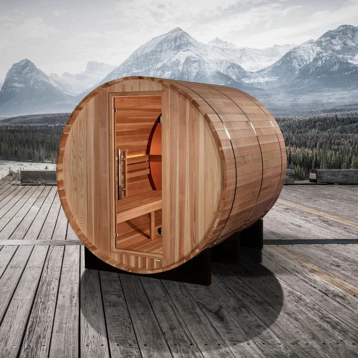 GOLDEN DESIGNS "ZURICH" 4 PERSON BARREL WITH BRONZE PRIVACY VIEW - TRADITIONAL STEAM SAUNA - PACIFIC CEDAR GDI-B024-01 Acrylic Back Wall
