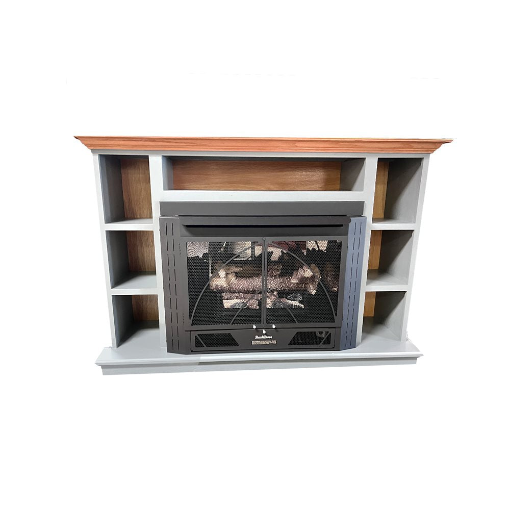 Buck Stove Farmhouse Prestige bookcase mantel in Gray with Dark Oak top