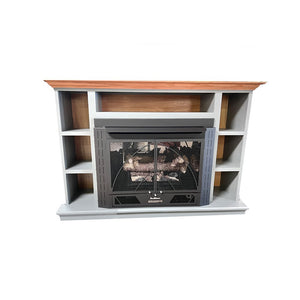 Buck Stove Farmhouse Prestige bookcase mantel in Gray with Dark Oak top