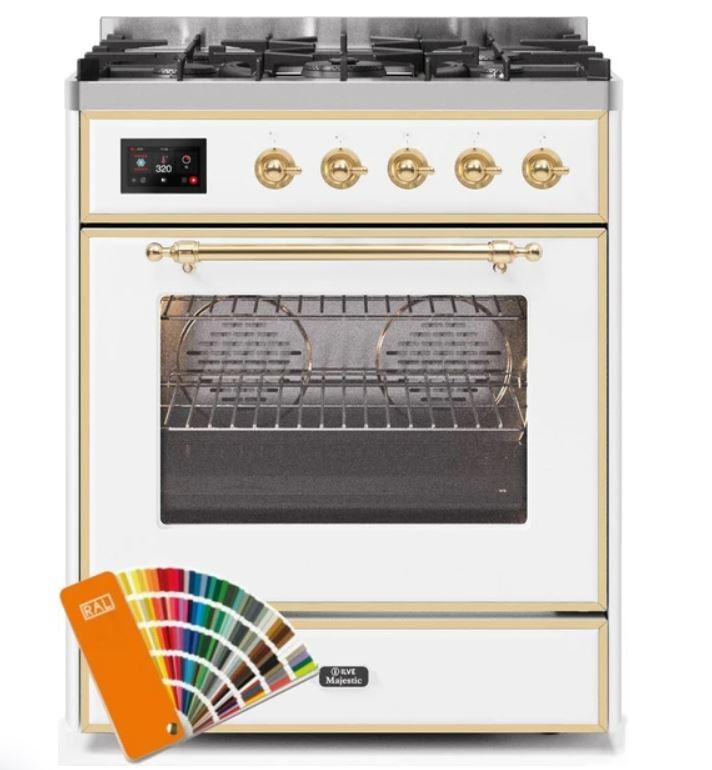 ILVE 30" Majestic II Series Gas Burner and Electric Oven Range with 5 Sealed Burners (UM30DNE3) - Custom Color with Brass Trim