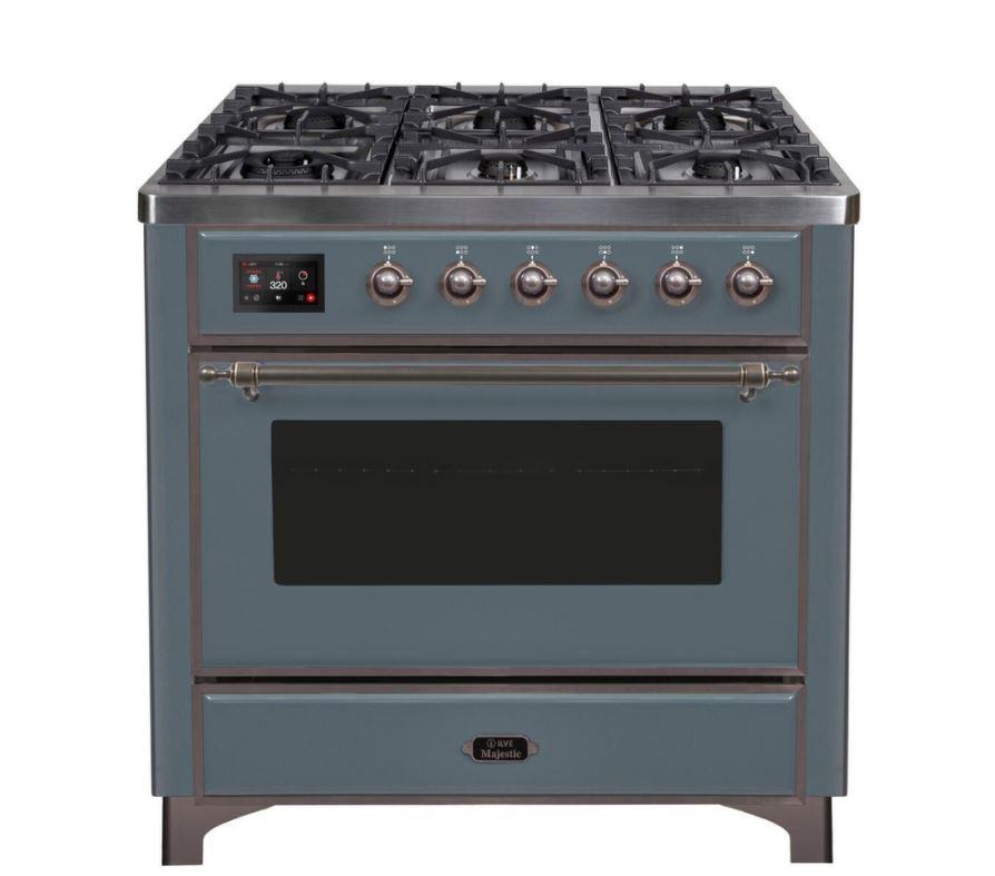 ILVE 36 Inch Majestic II Series Dual Fuel Natural Gas Range with 6 Burners and Griddle with 3.5 cu. ft. Oven Capacity TFT Oven Control Display UM09FDNS3