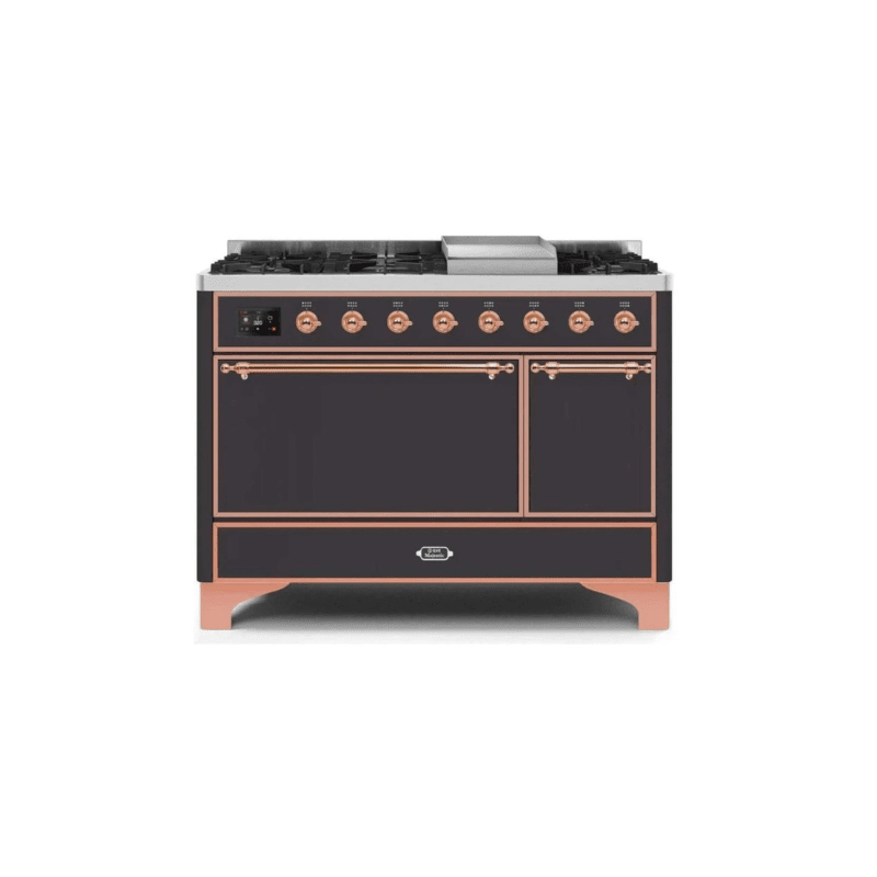 ILVE 48 Inch Majestic II Series Freestanding Dual Fuel Liquid Propane Range with 8 Sealed Brass Non Stick Coated Burners and Griddle UM12FDQNS3