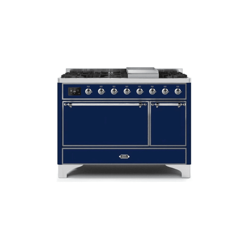 ILVE 48 Inch Majestic II Series Freestanding Dual Fuel Liquid Propane Range with 8 Sealed Brass Non Stick Coated Burners and Griddle UM12FDQNS3