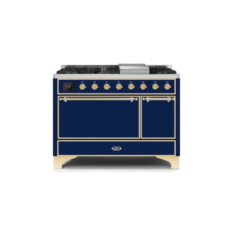 ILVE 48 Inch Majestic II Series Freestanding Dual Fuel Liquid Propane Range with 8 Sealed Brass Non Stick Coated Burners and Griddle UM12FDQNS3