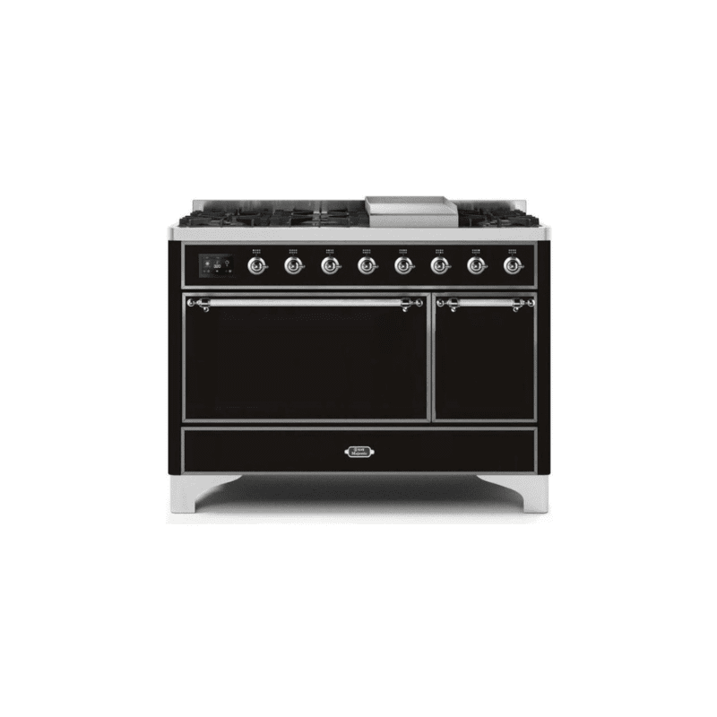 ILVE 48 Inch Majestic II Series Freestanding Dual Fuel Liquid Propane Range with 8 Sealed Brass Non Stick Coated Burners and Griddle UM12FDQNS3