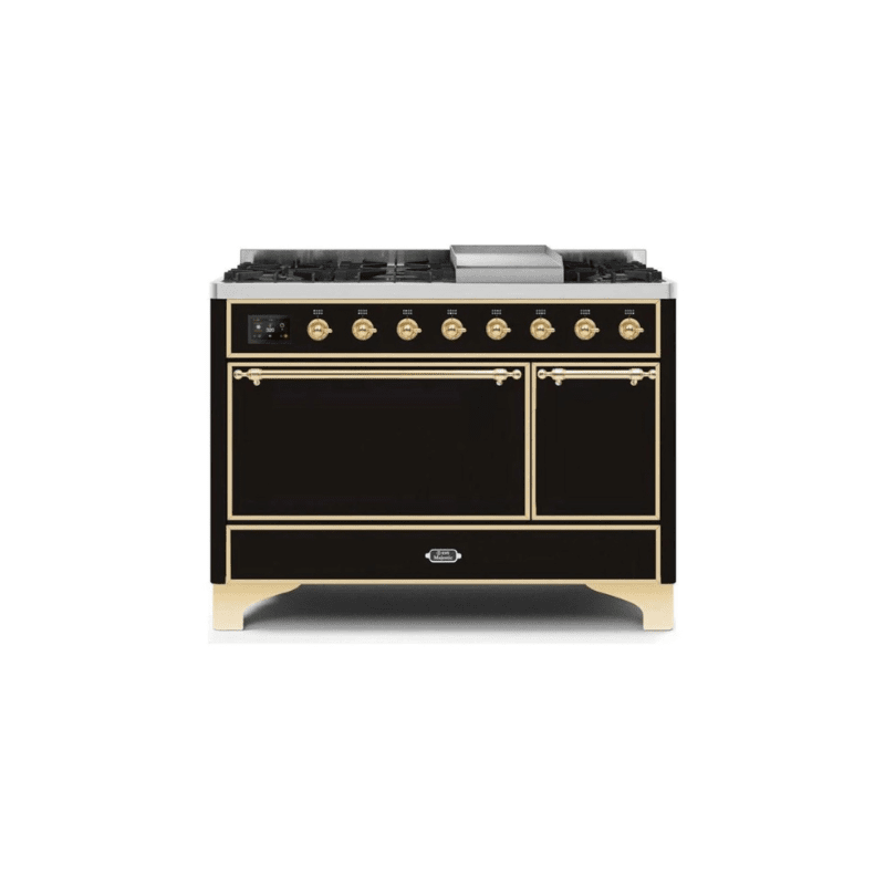 ILVE 48 Inch Majestic II Series Freestanding Dual Fuel Liquid Propane Range with 8 Sealed Brass Non Stick Coated Burners and Griddle UM12FDQNS3