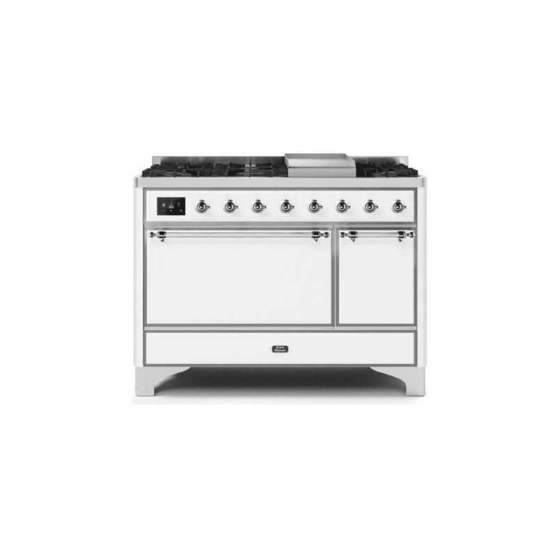 ILVE 48 Inch Majestic II Series Freestanding Dual Fuel Liquid Propane Range with 8 Sealed Brass Non Stick Coated Burners and Griddle UM12FDQNS3