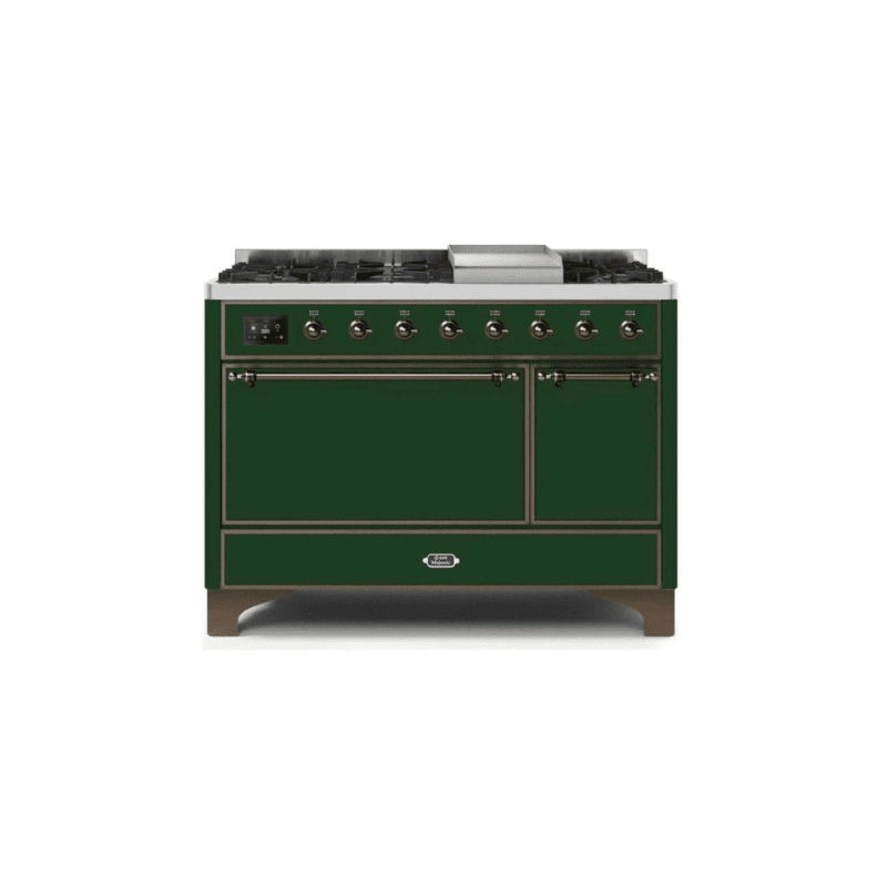 ILVE 48 Inch Majestic II Series Freestanding Dual Fuel Liquid Propane Range with 8 Sealed Brass Non Stick Coated Burners and Griddle UM12FDQNS3