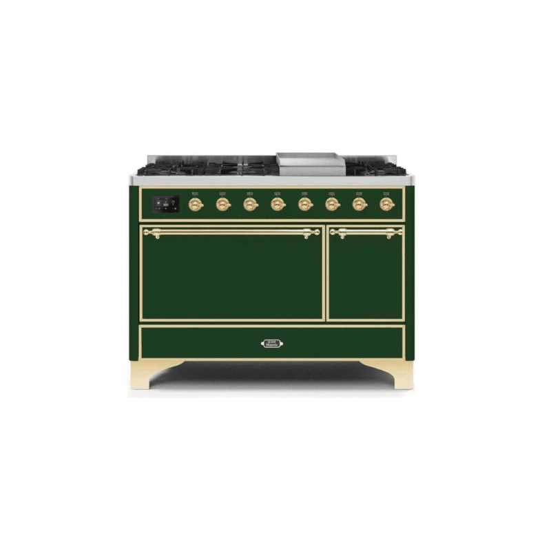 ILVE 48 Inch Majestic II Series Freestanding Dual Fuel Liquid Propane Range with 8 Sealed Brass Non Stick Coated Burners and Griddle UM12FDQNS3