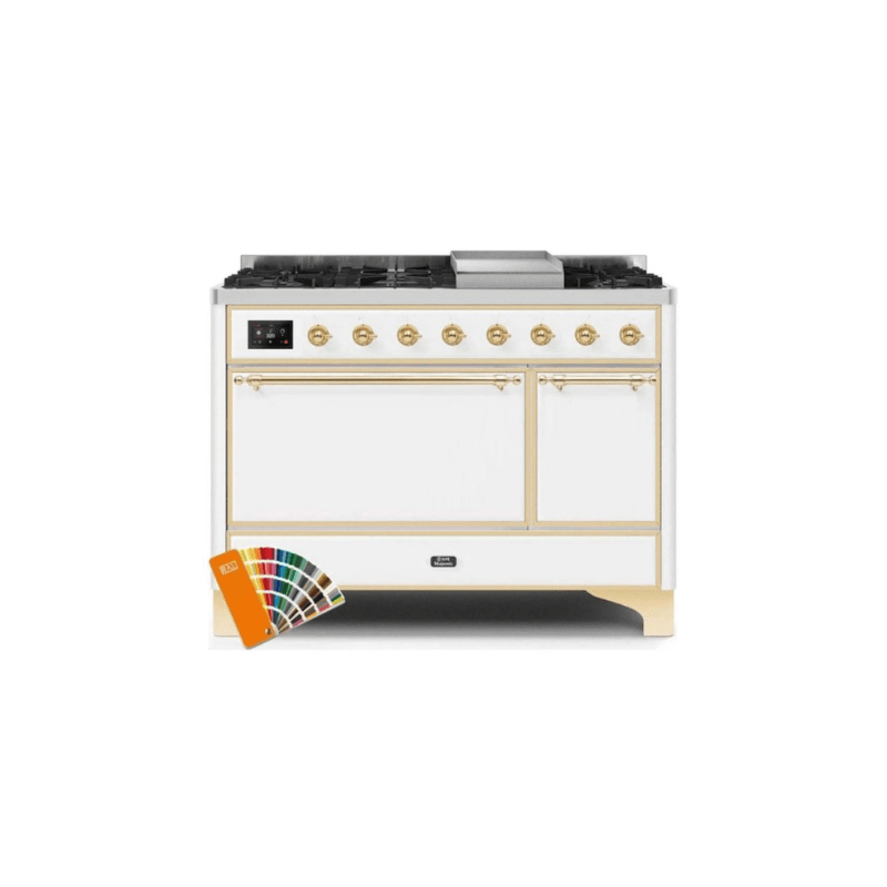 ILVE 48 Inch Majestic II Series Freestanding Dual Fuel Liquid Propane Range with 8 Sealed Brass Non Stick Coated Burners and Griddle UM12FDQNS3