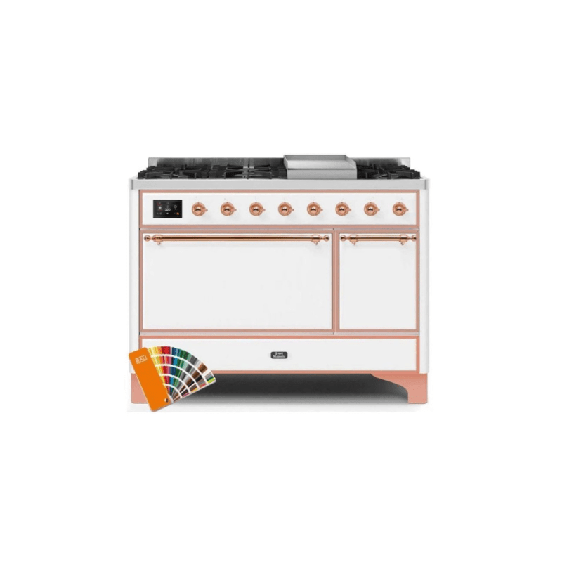 ILVE 48 Inch Majestic II Series Freestanding Dual Fuel Liquid Propane Range with 8 Sealed Brass Non Stick Coated Burners and Griddle UM12FDQNS3