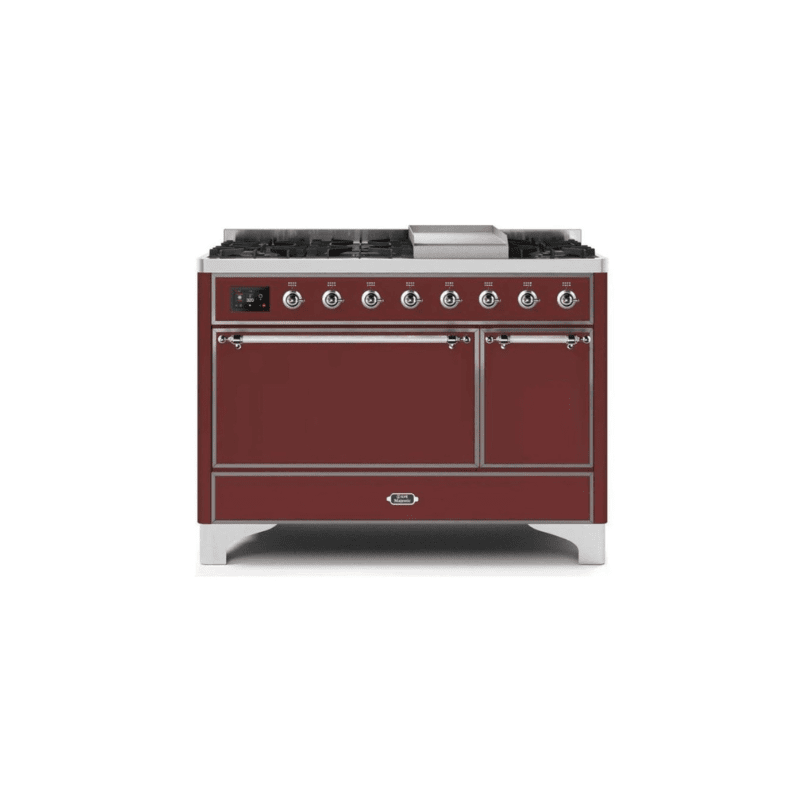 ILVE 48 Inch Majestic II Series Freestanding Dual Fuel Liquid Propane Range with 8 Sealed Brass Non Stick Coated Burners and Griddle UM12FDQNS3