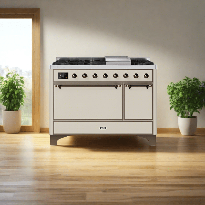ILVE 48 Inch Majestic II Series Freestanding Dual Fuel Liquid Propane Range with 8 Sealed Brass Non Stick Coated Burners and Griddle UM12FDQNS3
