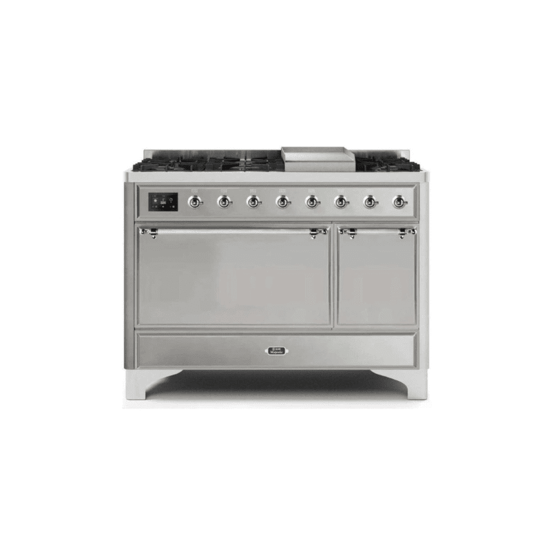 ILVE 48 Inch Majestic II Series Freestanding Dual Fuel Liquid Propane Range with 8 Sealed Brass Non Stick Coated Burners and Griddle UM12FDQNS3