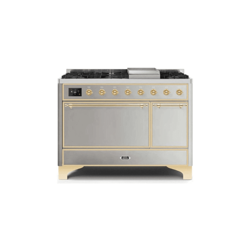 ILVE 48 Inch Majestic II Series Freestanding Dual Fuel Liquid Propane Range with 8 Sealed Brass Non Stick Coated Burners and Griddle UM12FDQNS3
