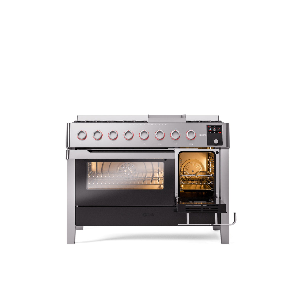 ILVE 48" Panoramagic Series Freestanding Double Oven Dual Fuel Range with 8 Sealed Burners and Griddle - UPM12FDS3
