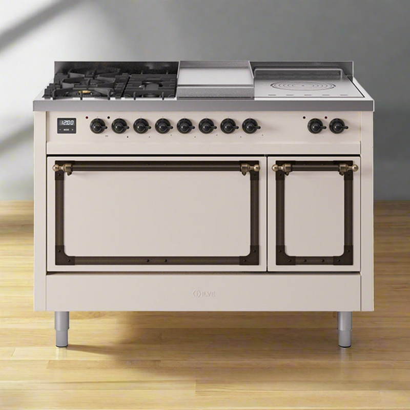 ILVE Nostalgie II Noblesse 48" Dual Fuel Freestanding Range 5 Sealed Burners + Griddle + French Top with Solid Door - UN48FSQNMP