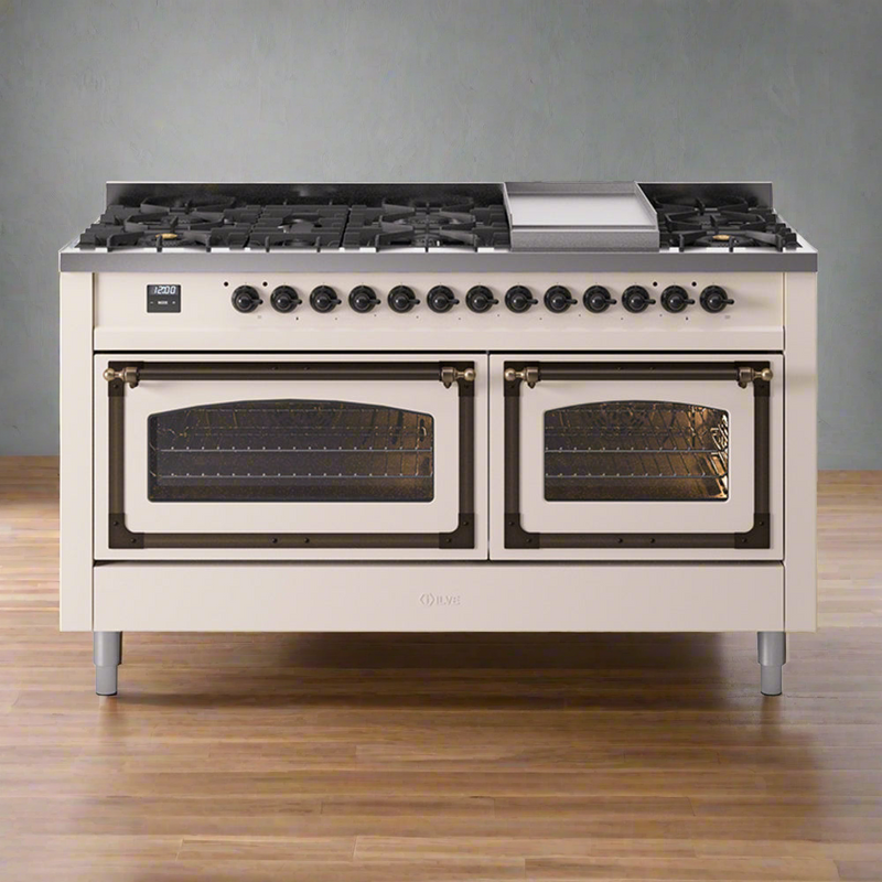 ILVE Nostalgie II Noblesse 60" Dual Fuel Freestanding Range with 9 Sealed Burners + Griddle with Triple Glass Door - UN60FNMP