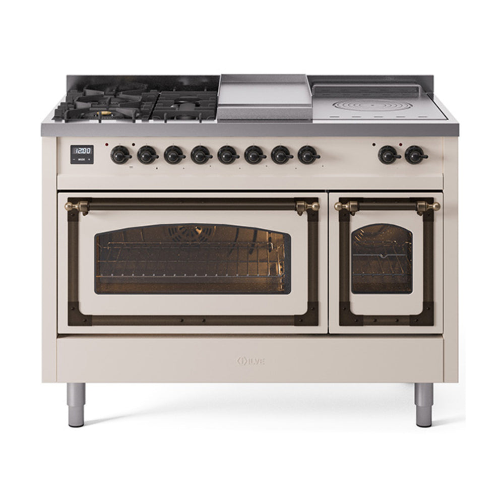ILVE Nostalgie II Noblesse 48" Dual Fuel Freestanding Range 8 Sealed Burners + Griddle with Triple Glass Door - UN48FNMP