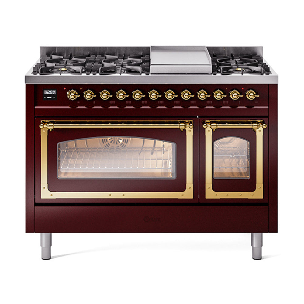 ILVE Nostalgie II Noblesse 48" Dual Fuel Freestanding Range 8 Sealed Burners + Griddle with Triple Glass Door - UN48FNMP