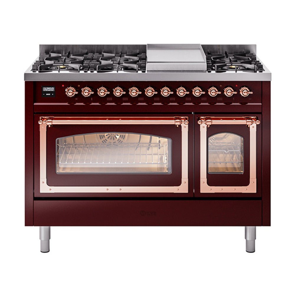ILVE Nostalgie II Noblesse 48" Dual Fuel Freestanding Range 8 Sealed Burners + Griddle with Triple Glass Door - UN48FNMP