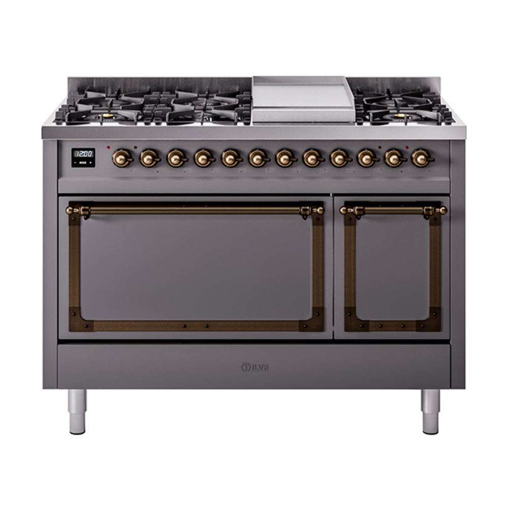 ILVE Nostalgie II Noblesse 48" Dual Fuel Freestanding Range 8 Sealed Burners + Griddle with Solid Door - UN48FQNMP