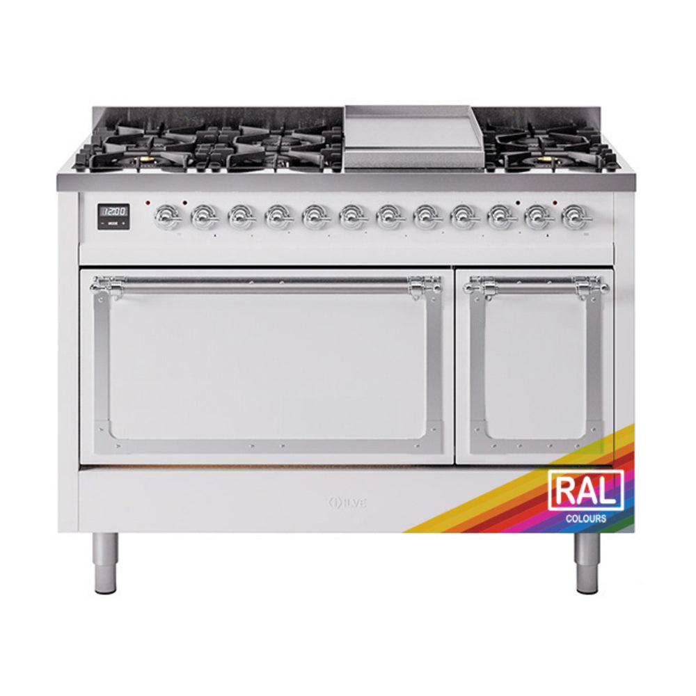 ILVE Nostalgie II Noblesse 48" Dual Fuel Freestanding Range 8 Sealed Burners + Griddle with Solid Door - UN48FQNMP