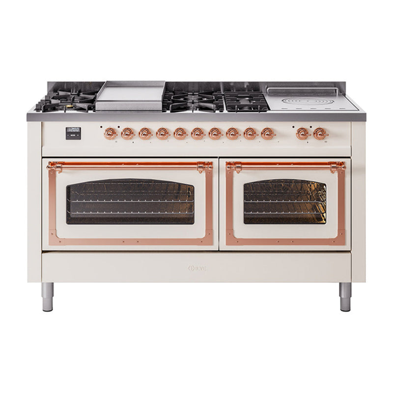 ILVE Nostalgie II Noblesse 60" Dual Fuel Range with 7 Sealed Burners + Griddle + French Top with Triple Glass Door - UN60FSNMP