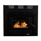 Buck Stove ZC74 zero-clearance wood fireplace with black door, fire burning