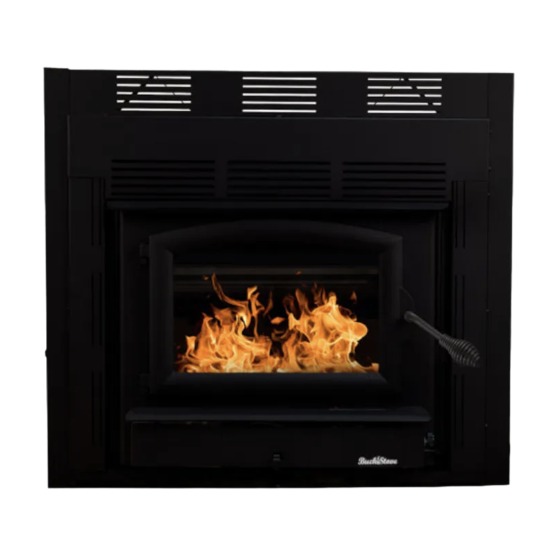Buck Stove ZC74 zero-clearance wood fireplace with black door, fire burning