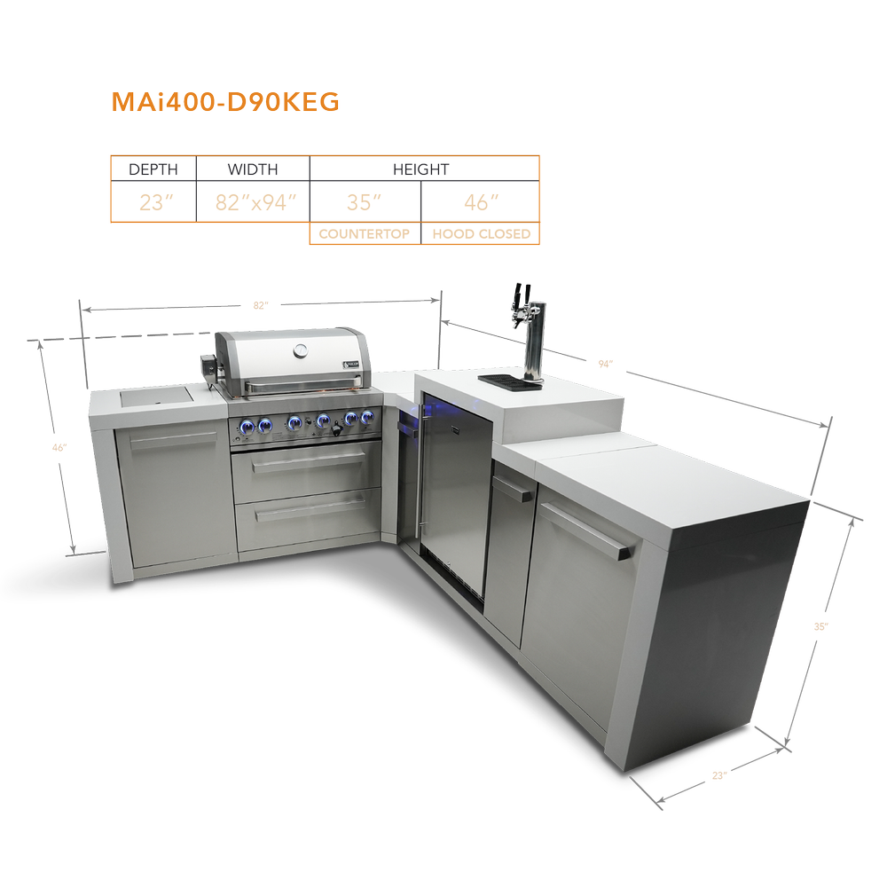 Mont Alpi 400 Deluxe BBQ Grill Island with 90 Degree Corner and Kegerator - MAi400-D90KEG - MyBBQDirect