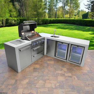 Mont Alpi 400 Deluxe BBQ Grill Island with 90 Degree Corner Beverage Center and Fridge - MAi400-D90BEVFC - MyBBQDirect