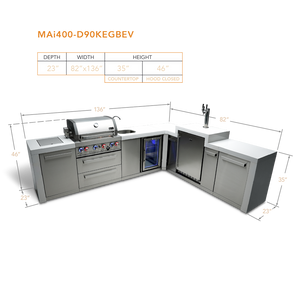 Mont Alpi 400 Deluxe BBQ Grill Island with 90 Degree Corner, Kegerator and Beverage Center - MAI400-D90KEGBEV - MyBBQDirect