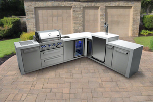 Mont Alpi 400 Deluxe BBQ Grill Island with 90 Degree Corner, Kegerator and Beverage Center - MAI400-D90KEGBEV - MyBBQDirect