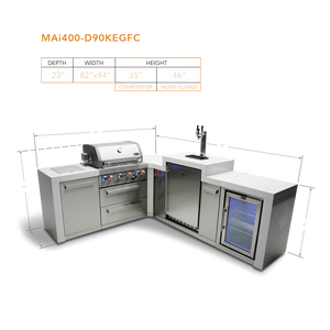 Mont Alpi 400 Deluxe BBQ Grill Island with 90 Degree Corner, Kegerator and Fridge Cabinet - MAi400-D90KEGFC - MyBBQDirect