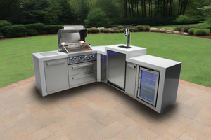 Mont Alpi 400 Deluxe BBQ Grill Island with 90 Degree Corner, Kegerator and Fridge Cabinet - MAi400-D90KEGFC - MyBBQDirect