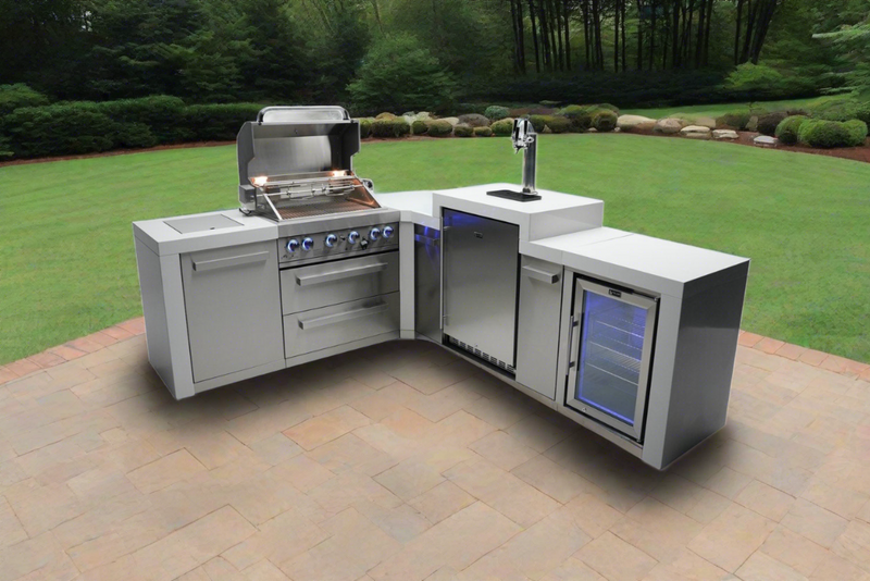 Mont Alpi 400 Deluxe BBQ Grill Island with 90 Degree Corner, Kegerator and Fridge Cabinet - MAi400-D90KEGFC