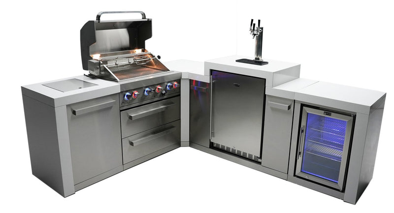 Mont Alpi 400 Deluxe BBQ Grill Island with 90 Degree Corner, Kegerator and Fridge Cabinet - MAi400-D90KEGFC