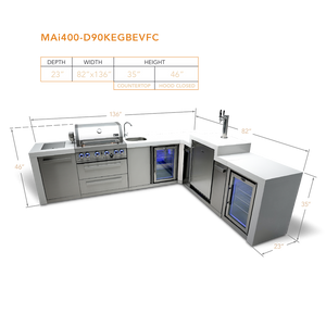 Mont Alpi 400 Deluxe BBQ Grill Island with 90 Degree Corner, Kegerator, Beverage Center and Fridge Cabinet - MAi400-D90KEGBEVFC - MyBBQDirect