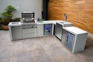 Mont Alpi 400 Deluxe BBQ Grill Island with 90 Degree Corner, Kegerator, Beverage Center and Fridge Cabinet - MAi400-D90KEGBEVFC - MyBBQDirect